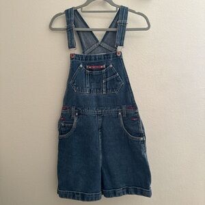 Denim Overalls with Red Accents